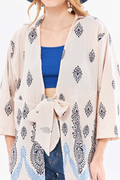 Kadın Koyu Lacivert Desenli Keten Görünümlü Eteği Sulu Önden Bağlamalı Kimono Gömlek ARM-24Y001092-Koyu Lacivert - 3