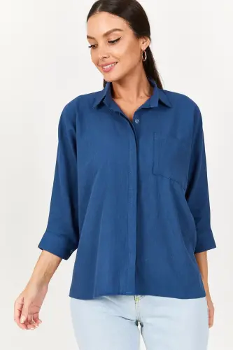 Kadın Koyu Mavi Cepli Salaş Keten Gömlek ARM-21Y001035-Koyu Mavi - 2