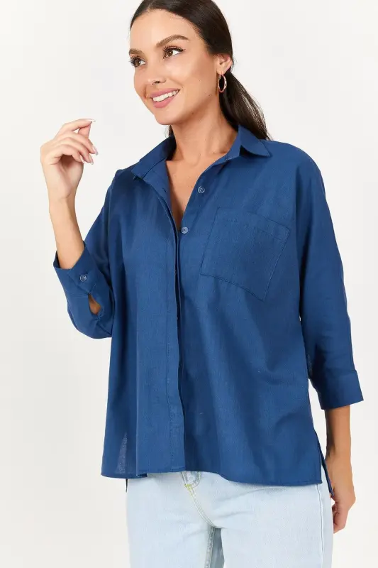 Kadın Koyu Mavi Cepli Salaş Keten Gömlek ARM-21Y001035-Koyu Mavi - 3