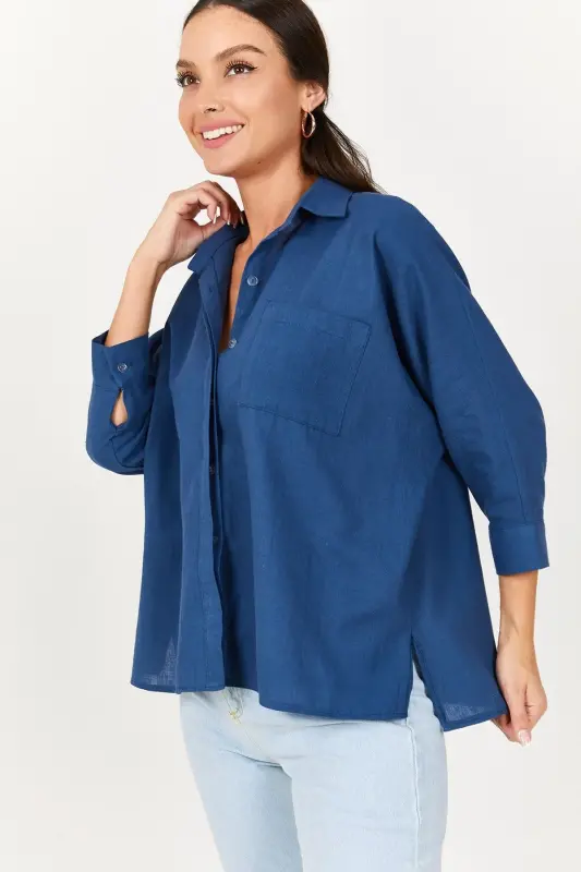 Kadın Koyu Mavi Cepli Salaş Keten Gömlek ARM-21Y001035-Koyu Mavi - 4