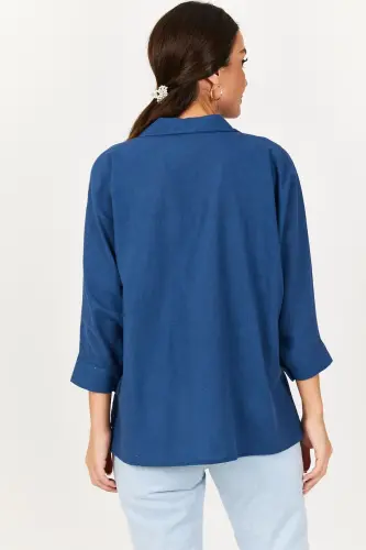 Kadın Koyu Mavi Cepli Salaş Keten Gömlek ARM-21Y001035-Koyu Mavi - 5