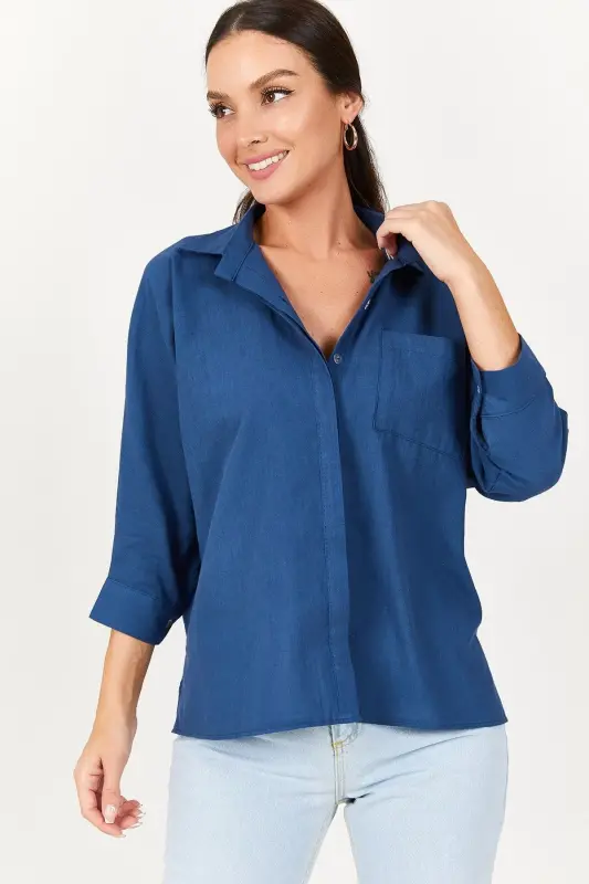 Kadın Koyu Mavi Cepli Salaş Keten Gömlek ARM-21Y001035-Koyu Mavi - ARMONIKA
