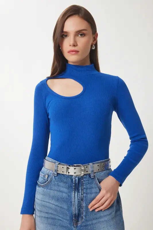 Kadın Koyu Mavi Cut Out Detaylı Fitilli Örme Bluz GT00065 - Koyu Mavi - 2