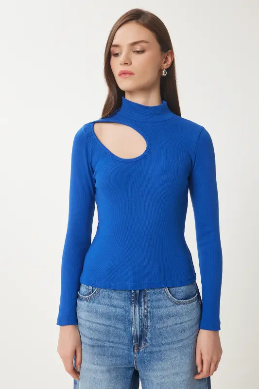 Kadın Koyu Mavi Cut Out Detaylı Fitilli Örme Bluz GT00065 - Koyu Mavi - 4