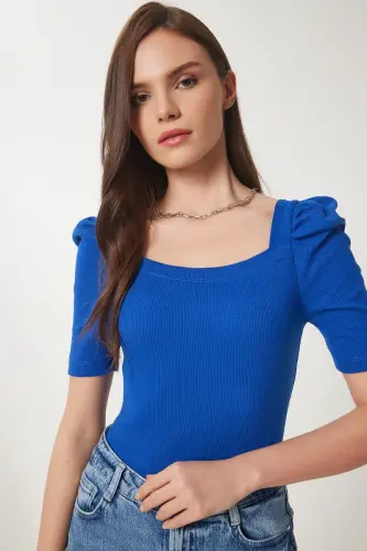 Kadın Koyu Mavi Kare Yaka Fitilli Crop Bluz GT00007 - Koyu Mavi - 2