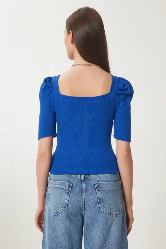 Kadın Koyu Mavi Kare Yaka Fitilli Crop Bluz GT00007 - Koyu Mavi - 6