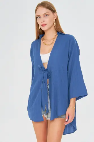 Kadın Koyu Mavi Kendinden Çizgili Önden Bağlamalı Kimono Gömlek ARM-24Y001101-Koyu Mavi 