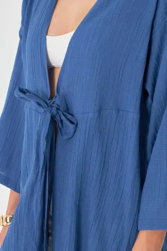 Kadın Koyu Mavi Kendinden Çizgili Önden Bağlamalı Kimono Gömlek ARM-24Y001101-Koyu Mavi - ARMONIKA (1)