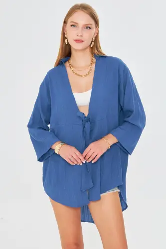 Kadın Koyu Mavi Kendinden Çizgili Önden Bağlamalı Kimono Gömlek ARM-24Y001101-Koyu Mavi - 3