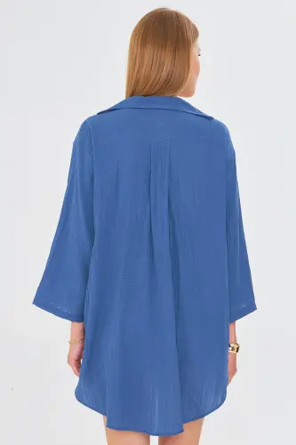 Kadın Koyu Mavi Kendinden Çizgili Önden Bağlamalı Kimono Gömlek ARM-24Y001101-Koyu Mavi - 5