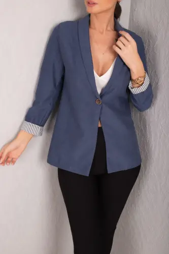 Kadın Koyu Mavi Kol İçi Çizgili Tek Düğmeli Ceket ARM-22K001122-Koyu Mavi - 3