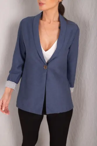 Kadın Koyu Mavi Kol İçi Çizgili Tek Düğmeli Ceket ARM-22K001122-Koyu Mavi - 4