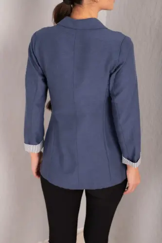 Kadın Koyu Mavi Kol İçi Çizgili Tek Düğmeli Ceket ARM-22K001122-Koyu Mavi - 5