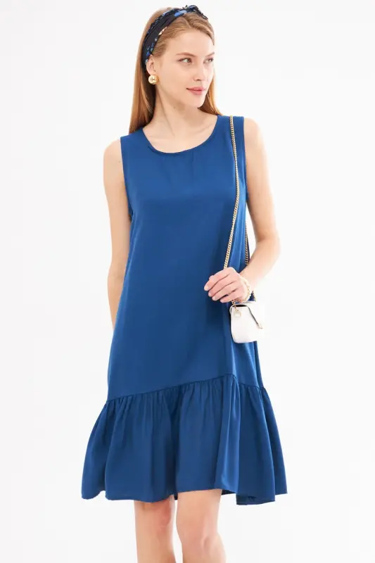 Kadın Koyu Mavi Kolsuz Eteği Fırfırlı Elbise ARM-18Y001156-Koyu Mavi - ARMONIKA