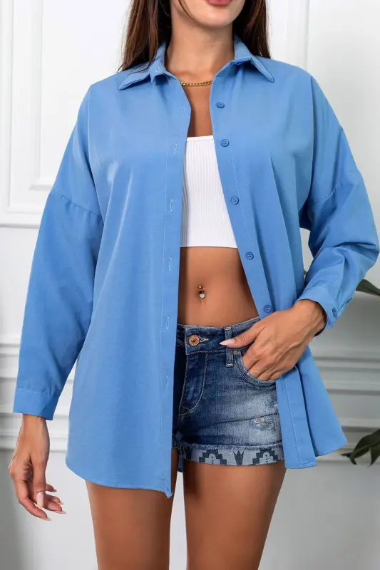 Kadın Koyu Mavi Oversize Uzun Basic Gömlek ARM-22Y001118-Koyu Mavi - 2