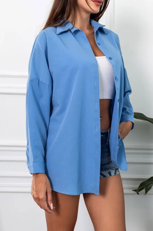 Kadın Koyu Mavi Oversize Uzun Basic Gömlek ARM-22Y001118-Koyu Mavi - 3