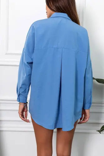 Kadın Koyu Mavi Oversize Uzun Basic Gömlek ARM-22Y001118-Koyu Mavi - 4