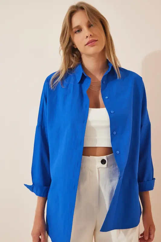 Kadın Koyu Mavi Oversize Uzun Basic Gömlek DD00842 - Koyu Mavi - 1