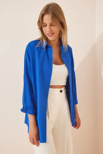 Kadın Koyu Mavi Oversize Uzun Basic Gömlek DD00842 - Koyu Mavi - 3