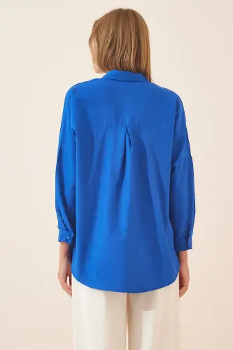 Kadın Koyu Mavi Oversize Uzun Basic Gömlek DD00842 - Koyu Mavi - 4