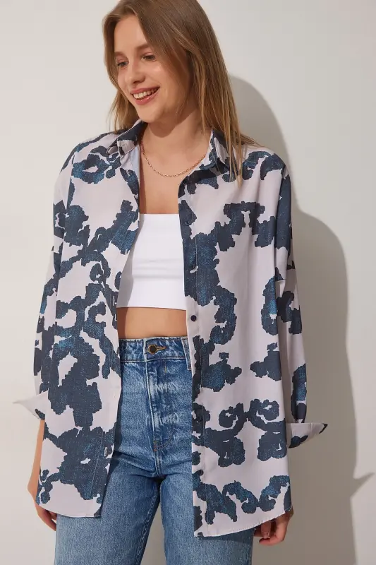 Kadın Koyu Mavi Taş Desenli Oversize Poplin Gömlek DD01227-Koyu Mavi Taş - HAPPINESS İSTANBUL