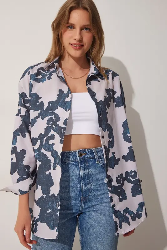 Kadın Koyu Mavi Taş Desenli Oversize Poplin Gömlek DD01227-Koyu Mavi Taş - 2