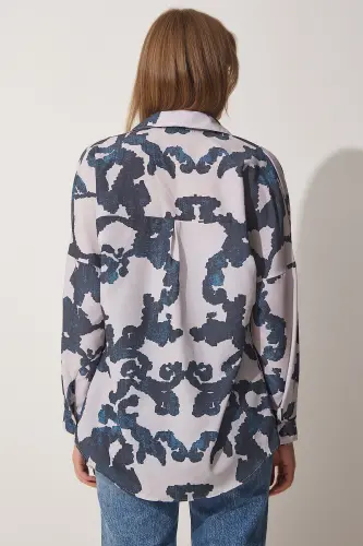 Kadın Koyu Mavi Taş Desenli Oversize Poplin Gömlek DD01227-Koyu Mavi Taş - 4