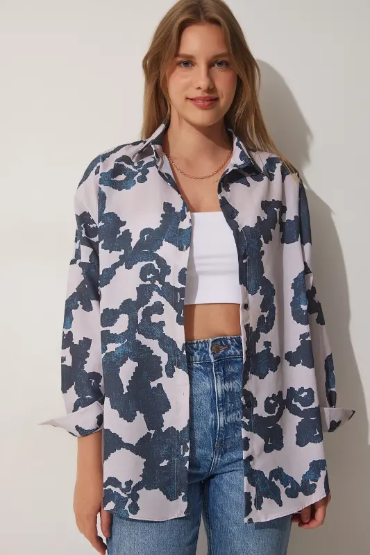 Damen Oversize Popeline Hemd mit Steinmuster in Dunkelblau DD01227 - Dunkelblauer Stein - 3