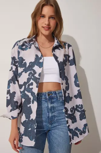 Kadın Koyu Mavi Taş Desenli Oversize Poplin Gömlek DD01227-Koyu Mavi Taş - HAPPINESS İSTANBUL (1)