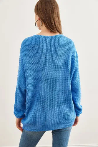 Kadın Koyu Mavi V Yaka Selanik Örgü Oversize Triko Tunik TNK-19000081 - Koyu Mavi - 7