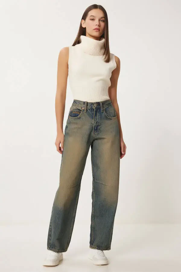 Kadın Koyu Mavi Yüksek Bel Soluk Efektli Baggy Jeans UT00027-Koyu Mavi - 2
