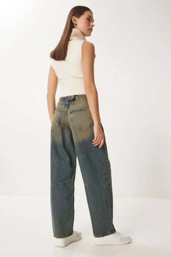 Kadın Koyu Mavi Yüksek Bel Soluk Efektli Baggy Jeans UT00027-Koyu Mavi - 4