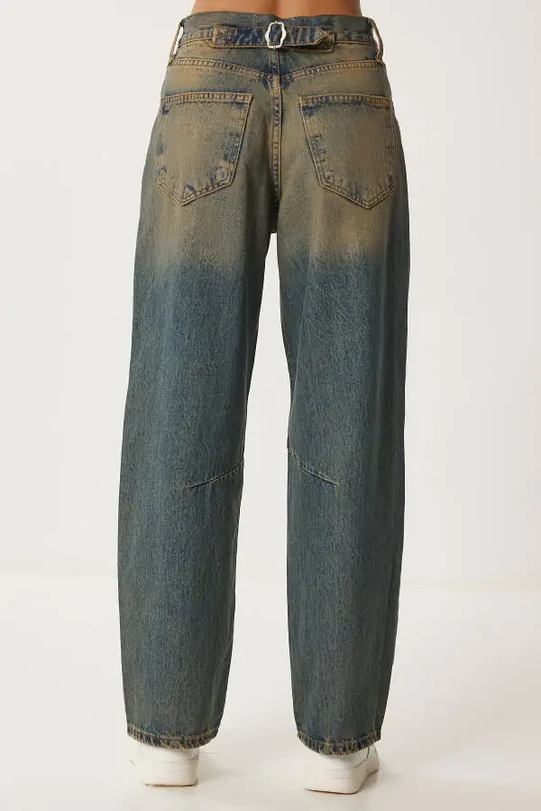 Kadın Koyu Mavi Yüksek Bel Soluk Efektli Baggy Jeans UT00027-Koyu Mavi - 10