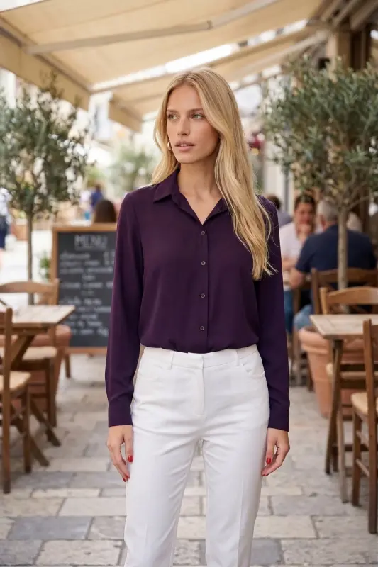 Kadın Koyu Mor Uzun Kollu Düz Gömlek ARM-18Y001176 - Koyu Mor - ARMONIKA