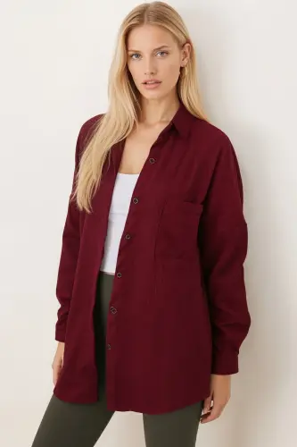 Kadın Koyu Mürdüm Cepli Oversize İnce Fitilli Kadife Gömlek ARM-24K001076-Koyu Mürdüm 