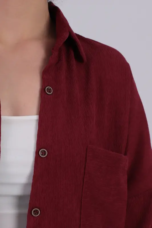 Kadın Koyu Mürdüm Cepli Oversize İnce Fitilli Kadife Gömlek ARM-24K001076-Koyu Mürdüm - 2