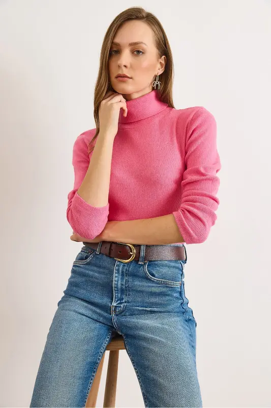 Kadın Koyu Pembe Balıkçı Yaka Şardonlu Kaşkorse Kazak KZK-19000395-Koyu Pembe - 3