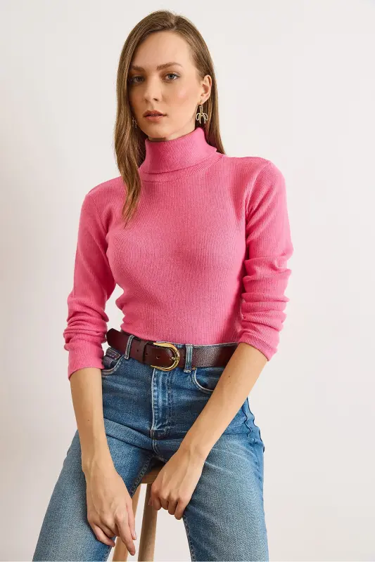 Kadın Koyu Pembe Balıkçı Yaka Şardonlu Kaşkorse Kazak KZK-19000395-Koyu Pembe - 5