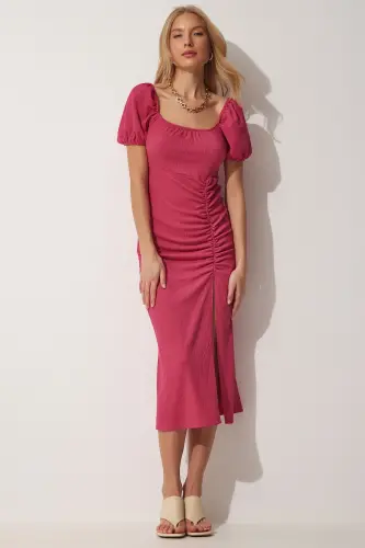 Kadın Koyu Pembe Büzgülü Saran Yazlık Örme Elbise DD01202 - Koyu Pembe - HAPPINESS İSTANBUL (1)