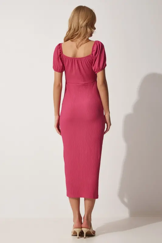 Kadın Koyu Pembe Büzgülü Saran Yazlık Örme Elbise DD01202 - Koyu Pembe - 3