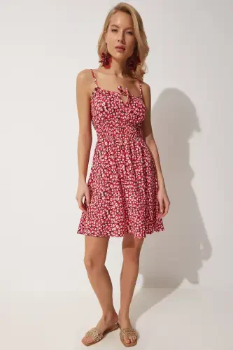 Kadın Koyu Pembe Çiçekli Askılı Yazlık Mini Örme Elbise FF00112-Koyu Pembe - 3