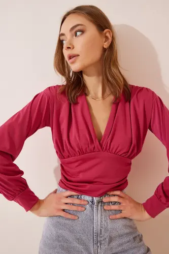 Kadın Koyu Pembe Derin V Yaka Crop Sandy Örme Bluz BF00050 - Koyu Pembe - 1