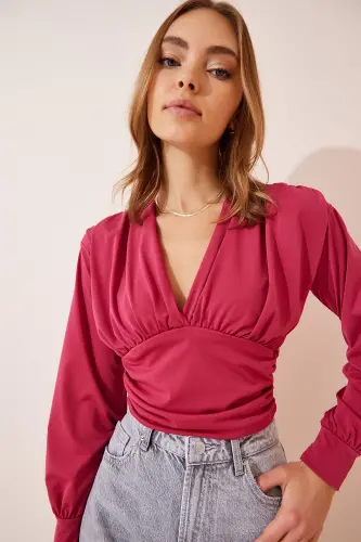 Kadın Koyu Pembe Derin V Yaka Crop Sandy Örme Bluz BF00050 - Koyu Pembe - HAPPINESS İSTANBUL (1)
