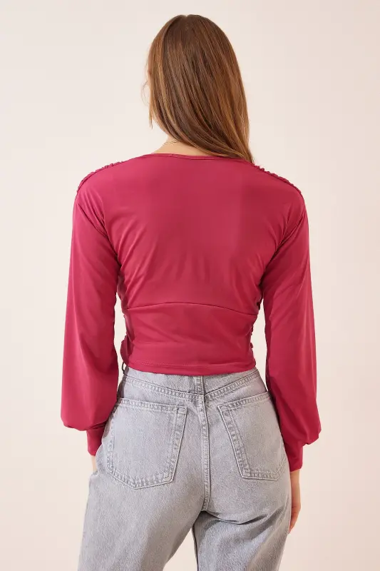 Kadın Koyu Pembe Derin V Yaka Crop Sandy Örme Bluz BF00050 - Koyu Pembe - 4