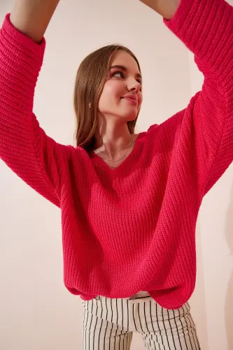 Kadın Koyu Pembe V Yaka Selanik Örgü Oversize Triko Kazak ZA00059-Koyu Pembe - 3