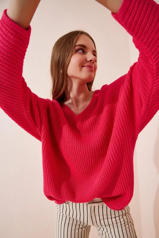 Kadın Koyu Pembe V Yaka Selanik Örgü Oversize Triko Kazak ZA00059-Koyu Pembe - 3