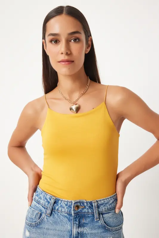 Kadın Koyu Sarı İp Askılı Örme Body Bluz LD00018-Koyu Sarı - 2