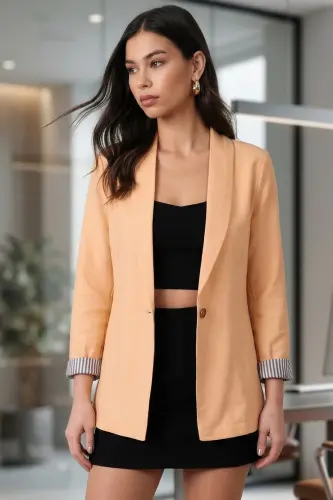 Kadın Koyu-Sarı Kol İçi Çizgili Tek Düğmeli Ceket ARM-22K001122-Koyu 