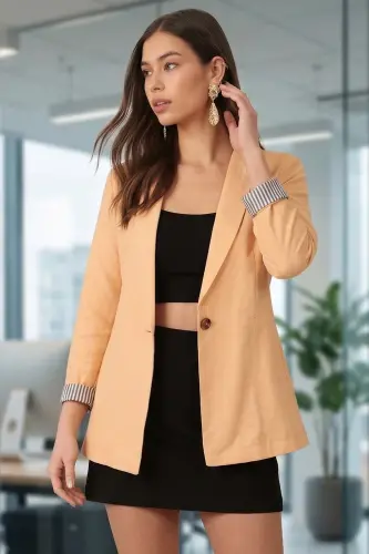 Kadın Koyu-Sarı Kol İçi Çizgili Tek Düğmeli Ceket ARM-22K001122-Koyu - ARMONIKA (1)