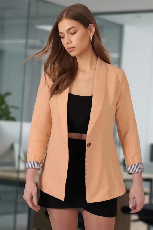 Kadın Koyu-Sarı Kol İçi Çizgili Tek Düğmeli Ceket ARM-22K001122-Koyu - 3